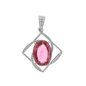 14K White Gold Pink Tourmaline & Diamond Pendant Necklace