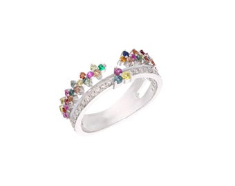 Multi sapphire designer band ring 18k white gold jewelry / Diamond wedding band / Multi color gemstone crown ring / Natural gemstone Jewelry