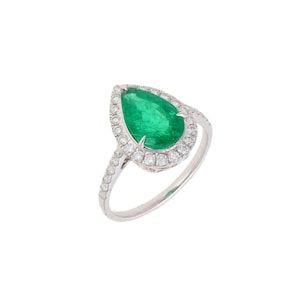 Pear Cut Emerald Halo Ring | 18k White Gold Natural Diamond Emerald Halo Ring | Emerald May Birthstone Engagement Wedding Rings For Women