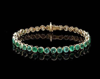 Emerald Bracelet Diamond Half & Half Gemstone Tennis Bracelet 18k Yellow Gold 6.75 Inch Length, Stackable Diamond Tennis Bracelet Jewelry