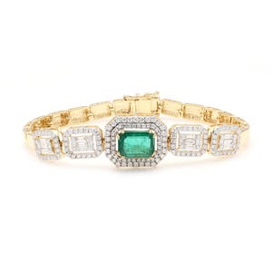 2.22 CTS. Zambian Emerald Gemstone Bracelet | Solid 14K Yellow Gold Handmade Jewelry | Natural Diamond Tennis Bracelets | Women Bracelet