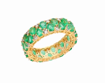 Pear Cut Emerald Gemstone Eternity Band Ring, 18k Yellow Gold Certified Natural Diamond Women Band Jewelry, Gold Emerald Birthstone Rings
