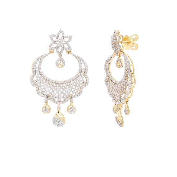 Natural Pave Diamond Big Dangle Earring Solid Yellow Gold Jewelry