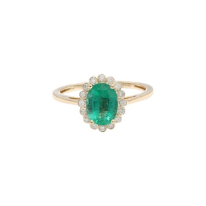 Natuurlijke smaragdgroene diamanten haloring | Massief 14 kt geelgouden ovaal geslepen smaragd edelsteenringen voor dames | Gouden minimalistische ringsieraden