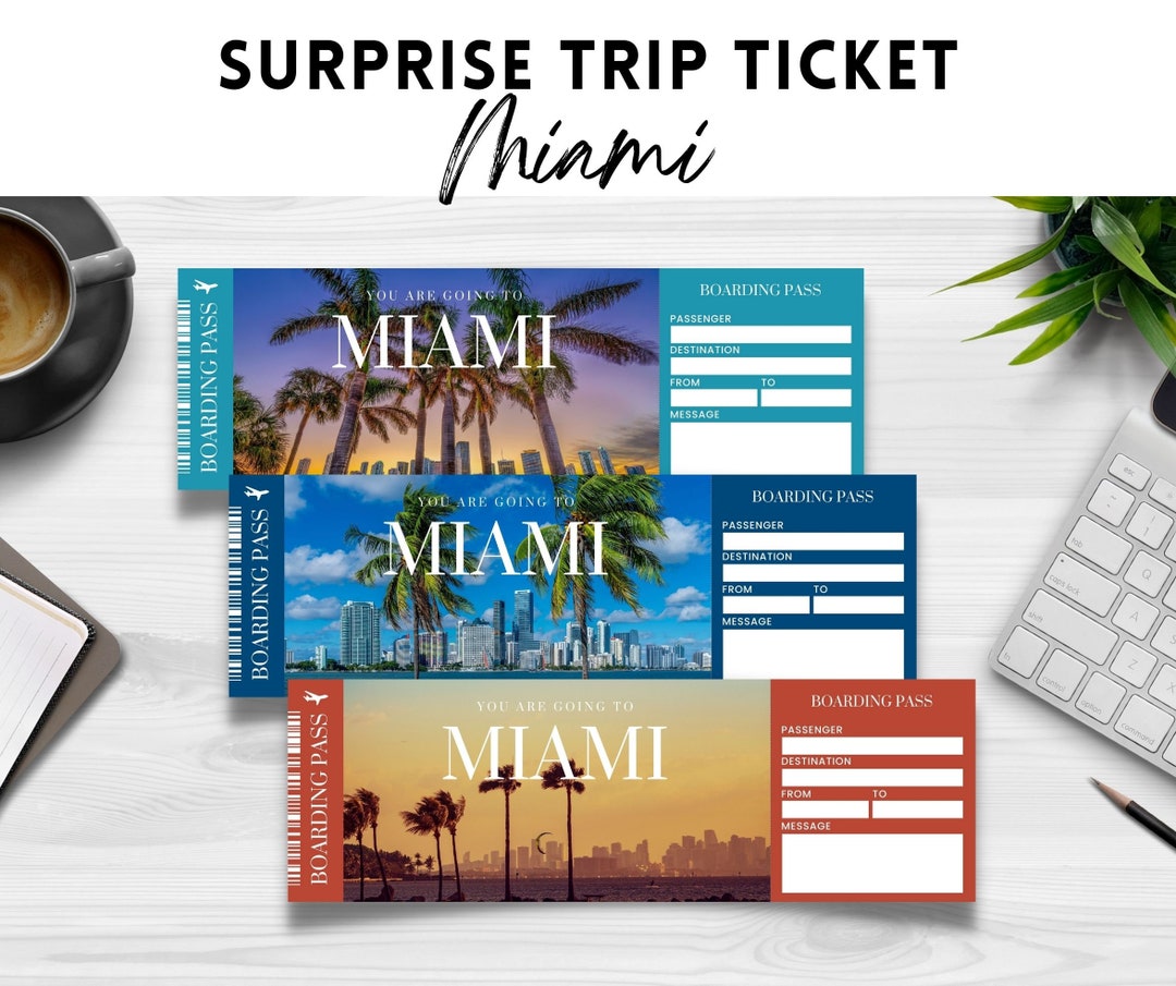 Printable, Editable MIAMI Surprise BOARDING Pass TICKET Template, Trip
