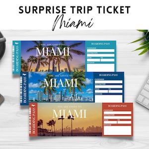 Modèle de billet d’embarquement MIAMI Surprise imprimable et modifiable, billet de voyage à Miami, surprise de vacances d’anniversaire, téléchargement instantané pdf
