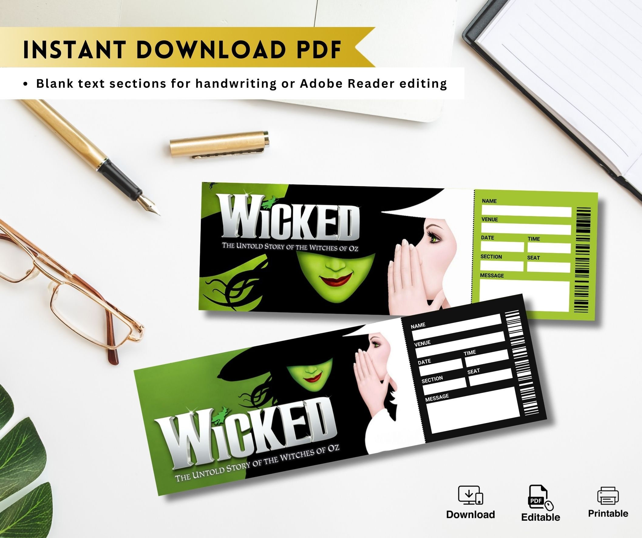 Printable WICKED BROADWAY Surprise Gift TICKET. Editable Musical ...