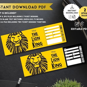 Printable the LION KING Broadway Surprise Gift TICKET. Editable Musical Theatre Keepsake Faux ...
