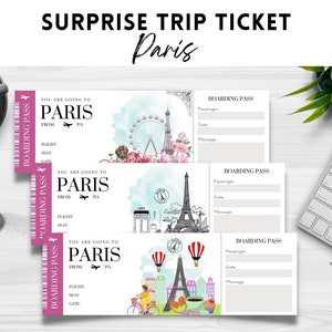 Imprimable, modifiable PARIS Surprise BOARDING Pass TICKET, Trip Ticket to Paris, Vacation Ticket , Editable Template, Instant Download pdf