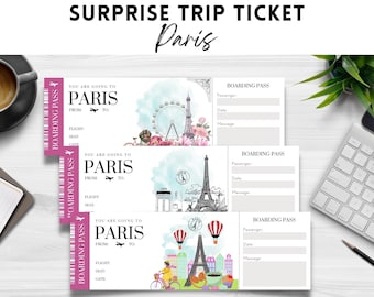 May include: Three printable boarding passes with a pink and white striped border. Each pass has a watercolor background with a different Parisian scene. The text on the passes reads "You are going to Paris" and includes spaces for the passenger name, date, and message.