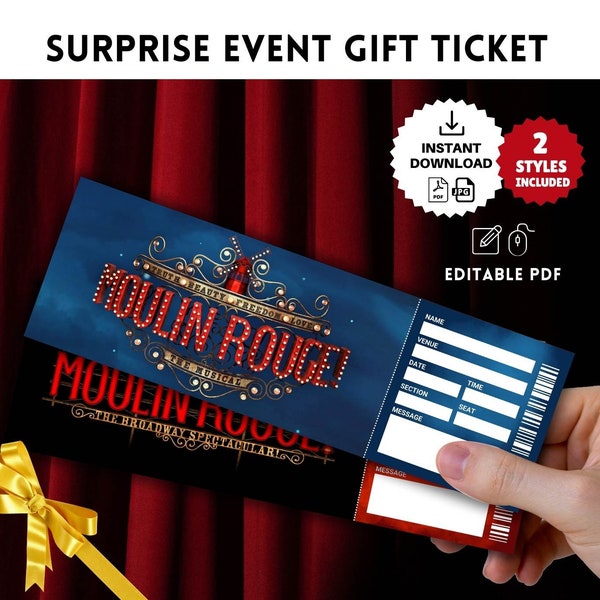 Printable MOULIN ROUGE Broadway Musical Surprise TICKET, Theatre Faux Event Admission Souvenir Keepsake Template, Instant Pdf Download