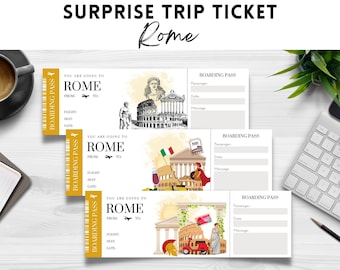 May include: Three printable boarding passes with a travel theme. Each pass has a different illustration of Rome, Italy, with landmarks like the Colosseum and the Trevi Fountain. The text on the passes reads "You are going to Rome".