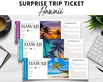 May include: Three printable boarding passes with the text "You are going to Hawaii" and a tropical beach scene. The boarding passes have fields for passenger, date, and message.