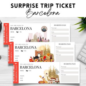 Printable, Editable BARCELONA Surprise BOARDING Pass TICKET, Trip Ticket to Barcelona, Editable Vacation Ticket , Instant Download pdf