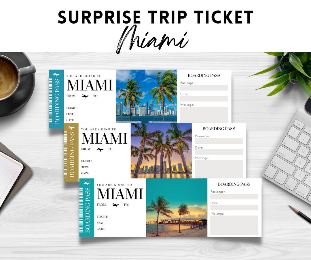 Printable, Editable MIAMI Surprise BOARDING Pass TICKET Template, Trip