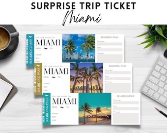 May include: Three printable boarding passes with a tropical beach scene and the text "You are going to Miami" on each. The text "Boarding Pass" is at the top of each pass.
