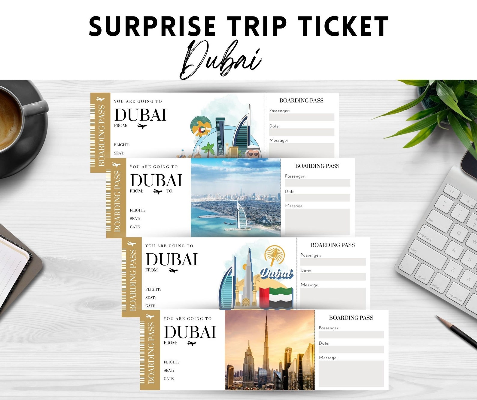 Printable, Editable DUBAI Surprise BOARDING Pass TICKET, Trip Ticket to Dubai, Vacation Ticket