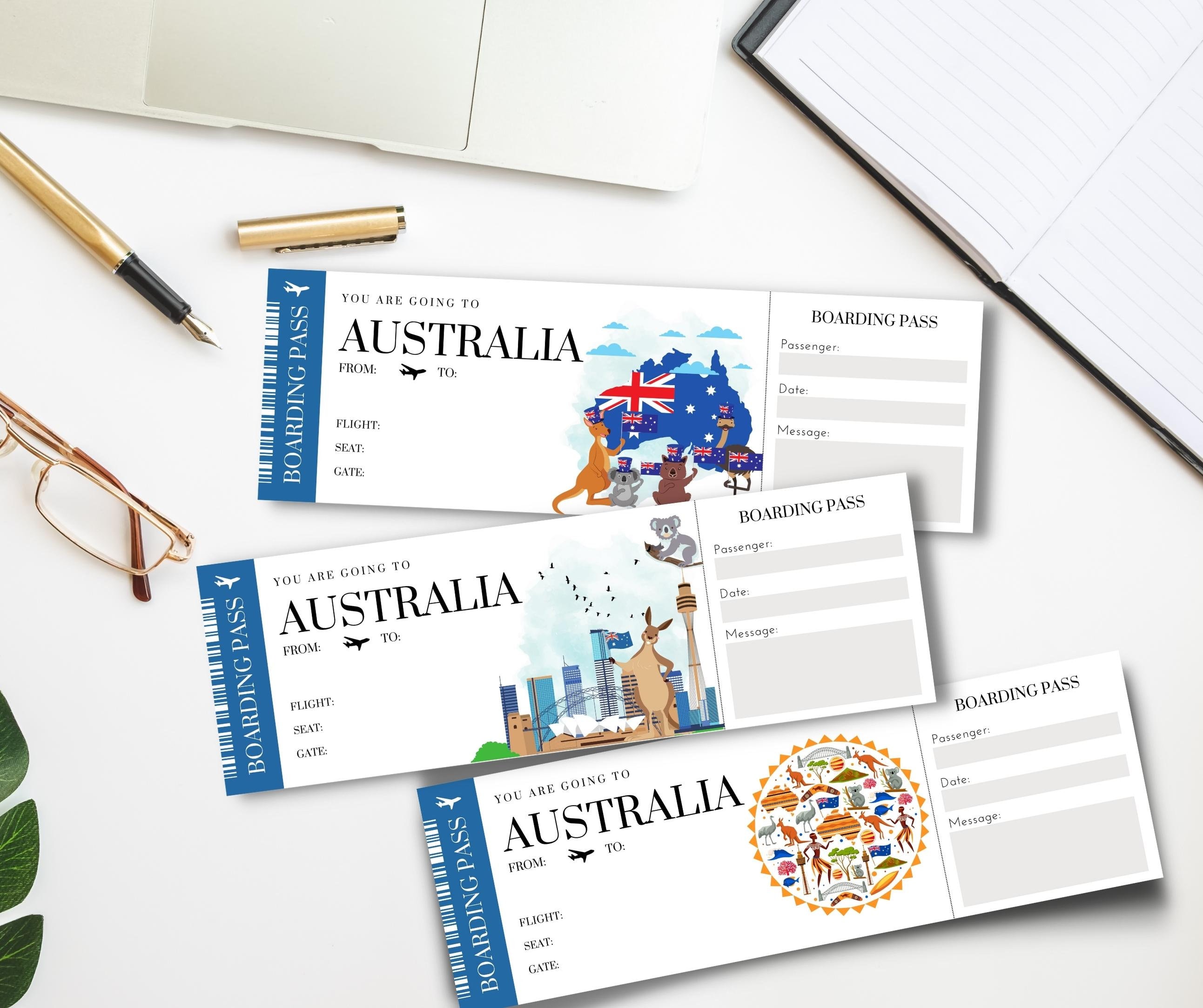 Printable, Editable AUSTRALIA Surprise BOARDING Pass TICKET, Trip