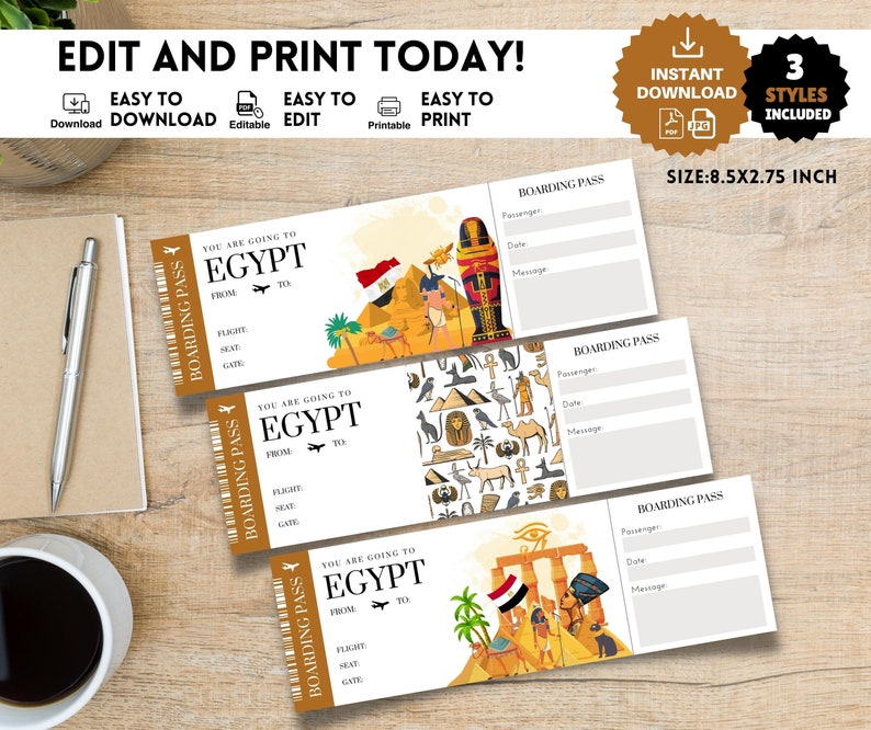 Printable, Editable EGYPT Surprise Boarding Pass TICKET, Trip Ticket to Egypt, Editable Vacation
