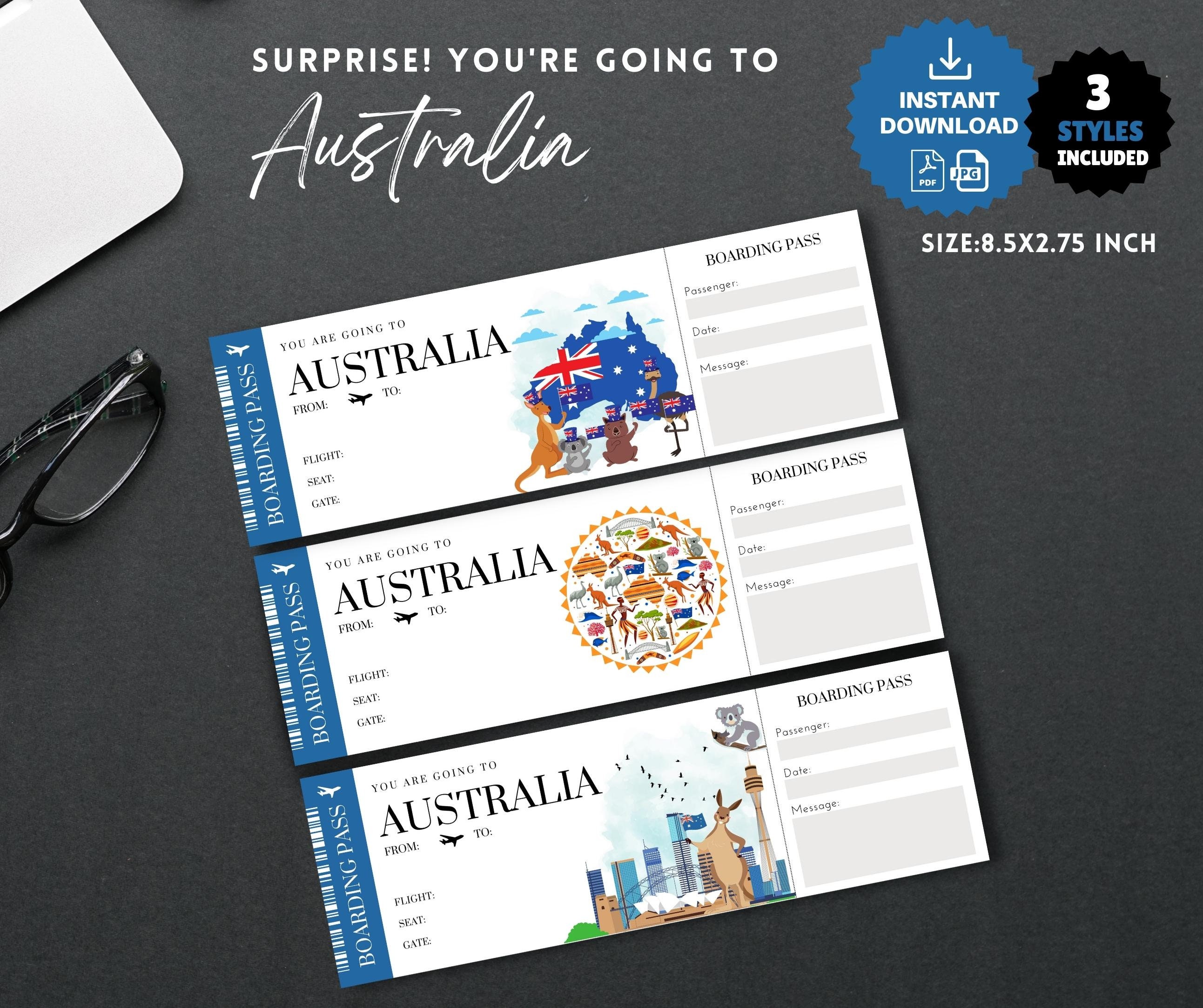 Printable, Editable AUSTRALIA Surprise BOARDING Pass TICKET, Trip
