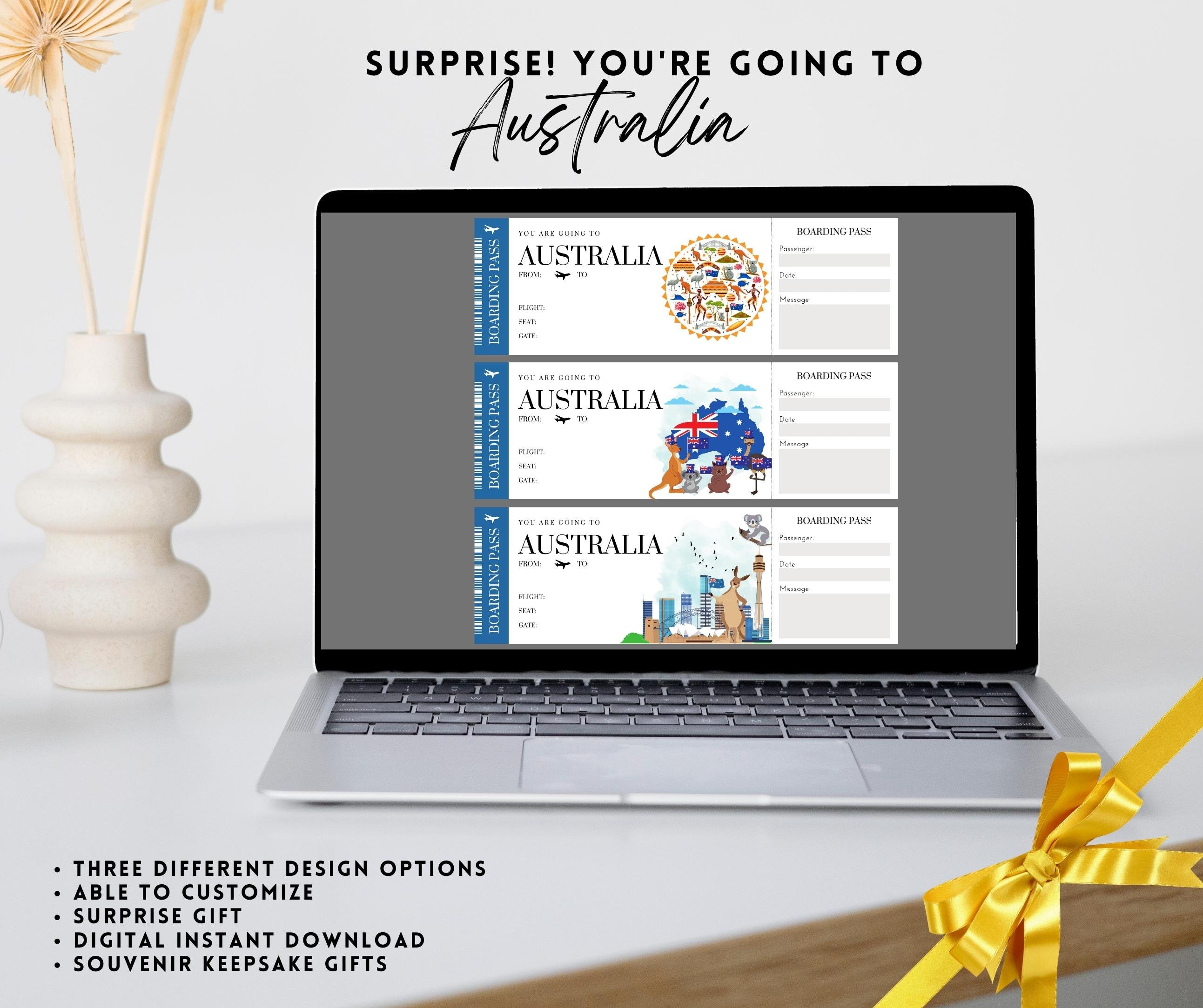 Printable, Editable AUSTRALIA Surprise BOARDING Pass TICKET, Trip