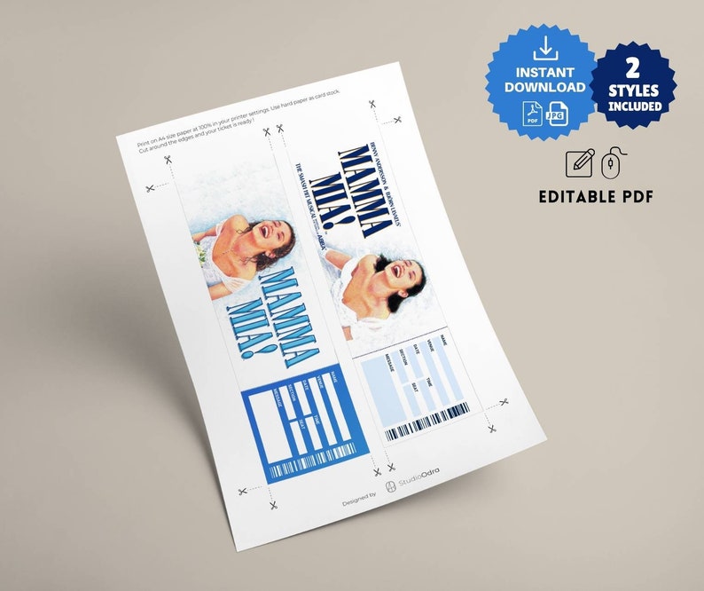 Printable MAMA MIA Musical Surprise TICKET, Theatre Faux Event ...