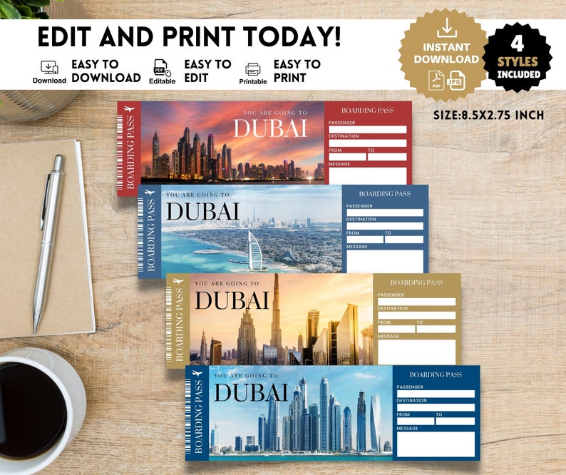 Printable, Editable DUBAI Surprise BOARDING Pass TICKET, Trip Ticket to