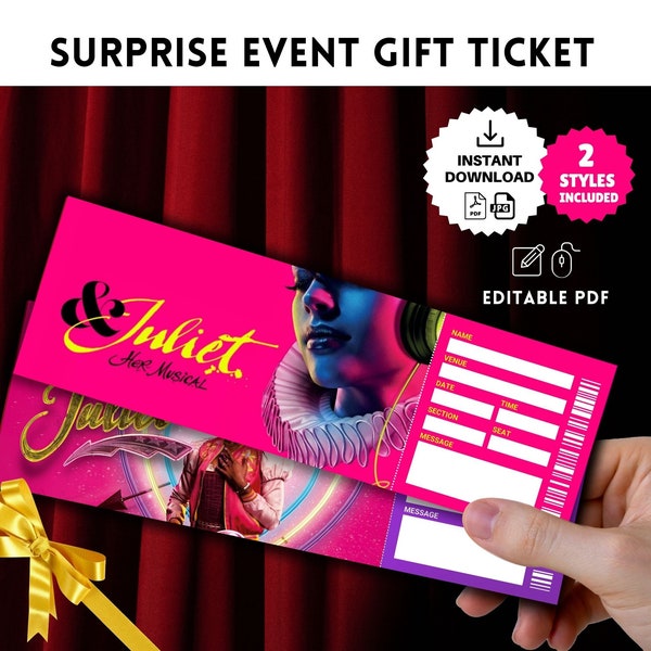 Printable JULIET MUSICAL Broadway Surprise TICKET, Theatre Faux Event Admission Souvenir Keepsake Template, Instant Pdf Download