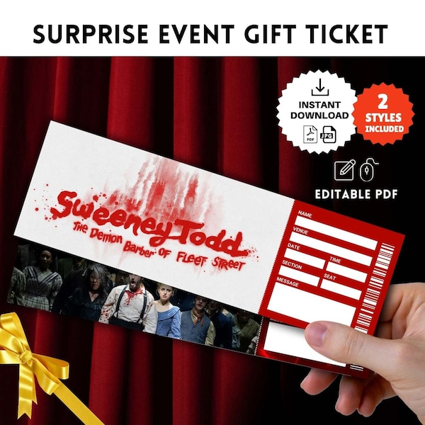 Printable SWEENEY TODD Broadway Musical Surprise TICKET, Theatre Faux Event Admission Souvenir Keepsake Template, Instant Pdf Download