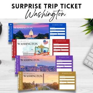 Printable, Editable WASHINGTON Surprise Boarding Pass TICKET, Vacation Ticket, Editable Template, Instant Download pdf