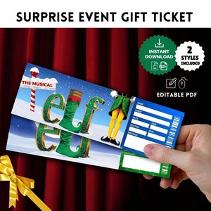 Druckbare ELF Die Musikalische Überraschung BROADWAY Geschenk TICKET / Weihnachten Musical Andenken Faux Reveal Geschenk Editierbare Ticket Vorlage Pdf