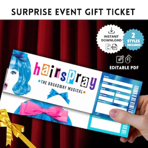 Printable HAIRSPRAY Musical Broadway Surprise TICKET, Theatre Faux Event Admission Souvenir Keepsake Template, Instant Pdf Download