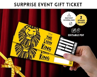 Könnte beinhalten: Ein gelbes, druckbares Geschenkticket mit einer schwarzen Löwengrafik und dem Text "Disney Presents The Lion King" für eine Überraschungsveranstaltung. Das Ticket ist editierbar und enthält zwei Stile.