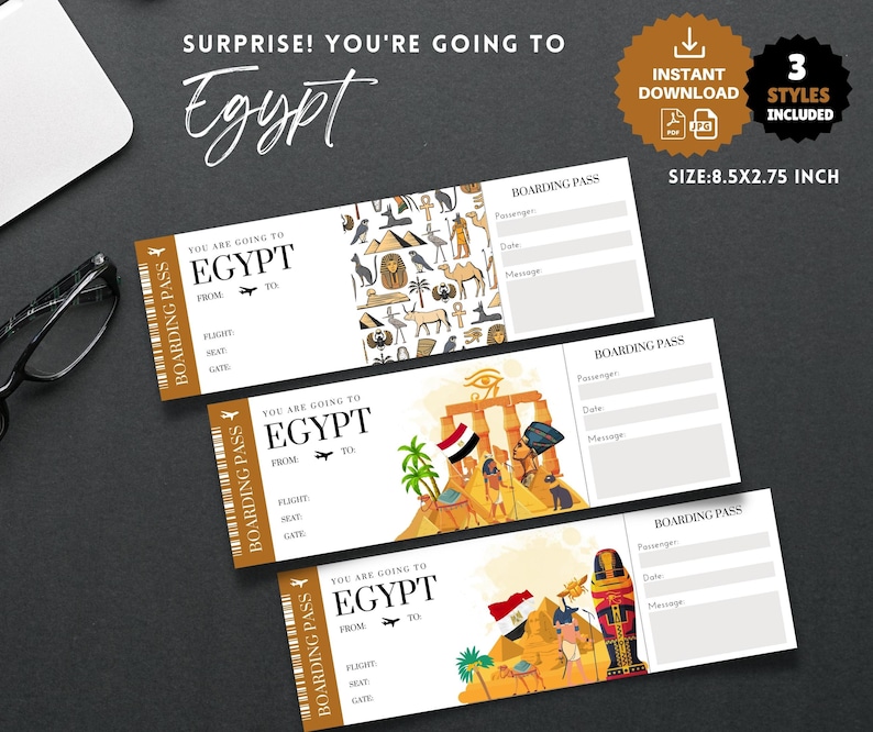 Printable, Editable EGYPT Surprise Boarding Pass TICKET, Trip Ticket to Egypt, Editable Vacation