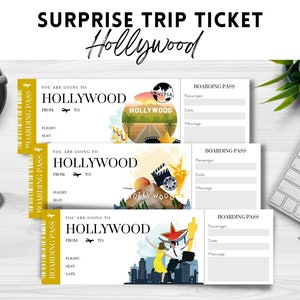 Druckbares, bearbeitbares HOLLYWOOD Surprise BOARDING Pass TICKET, Reiseticket nach Hollywood, bearbeitbares Urlaubsticket, sofortiger Download pdf