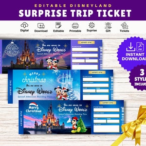 Billet de parc d'attractions de Noël surprise, billet surprise de vacances, bon cadeau de parc à thème, modèle de certificat - imprimable modifiable