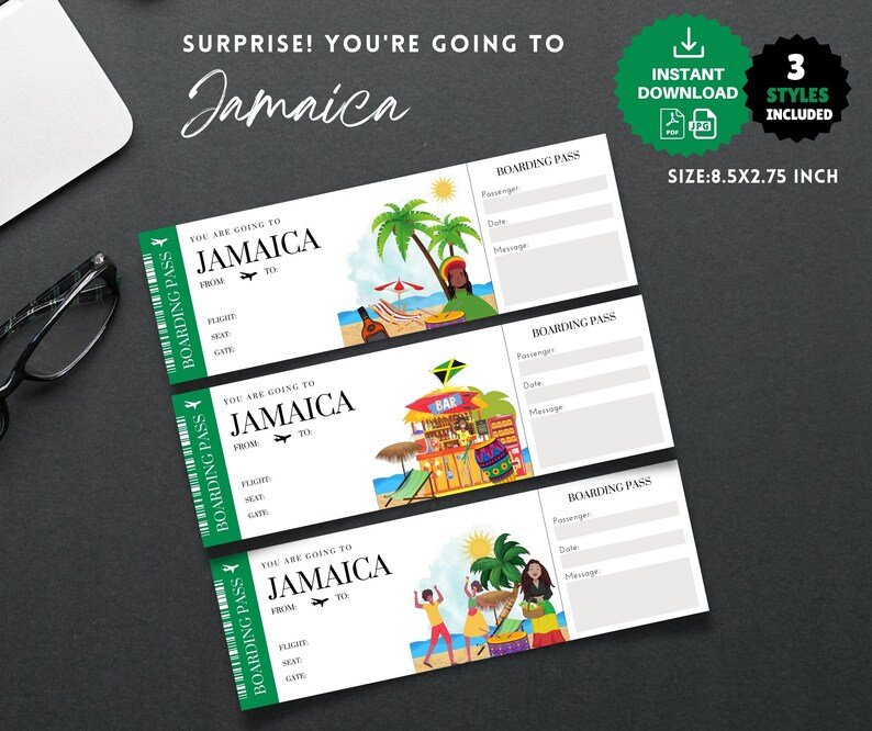 Printable, Editable JAMAICA Surprise BOARDING Pass TICKET, Trip Ticket Printable, Editable JAMAICA Surprise BOARDING Pass TICKET, Trip Ticket