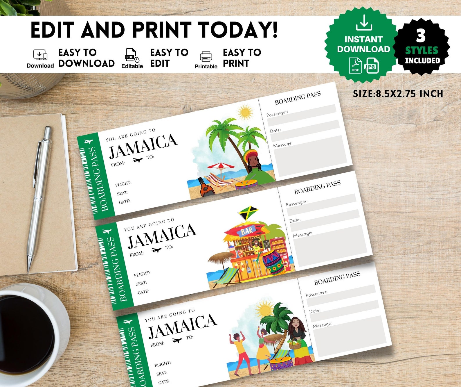 Printable, Editable JAMAICA Surprise BOARDING Pass TICKET, Trip Ticket