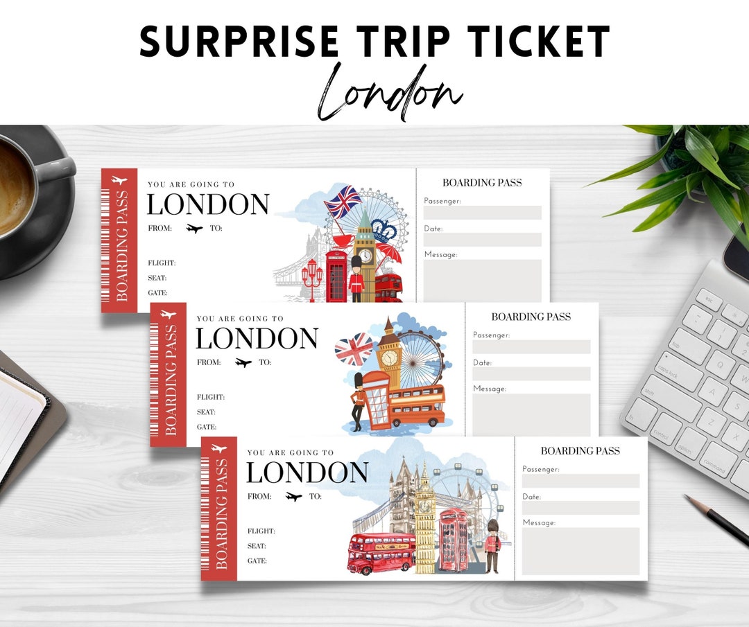 Printable, Editable LONDON Surprise BOARDING Pass TICKET, Trip Ticket Printable, Editable LONDON Surprise BOARDING Pass TICKET, Trip Ticket