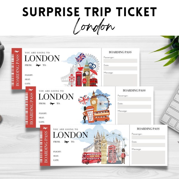 Druckbare, bearbeitbare LONDON Surprise BOARDING Pass TICKET, Reiseticket nach London, Urlaubsticket, bearbeitbare Vorlage, Sofortiger Download pdf