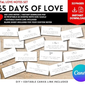 365 Notas de Amor / Regalo de San Valentín / Regalo de Aniversario / Regalo de Cumpleaños para parejas / Notas de Amor Imprimibles - Descarga Instantánea PDF & Canva
