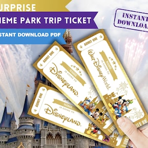 Para impressão Golden DISNEYLAND/DISNEYWORLD THEME Park Surprise Reveal Fake Ticket / Download instantâneo Pdf