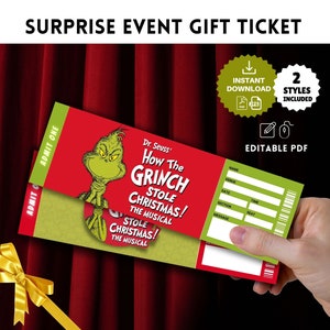 Druckbare Wie der GRINCH Weihnachten BROADWAY Surprise Gift Ticket, bearbeitbares Einladungsgeschenk, MUSICAL-Theater Faux Admission Card Pdf