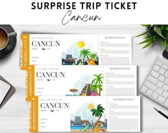May include: Three printable boarding passes with a tropical theme. The passes have the text "You are going to Cancun" and a picture of a beach scene with palm trees, a beach chair, and a sun.