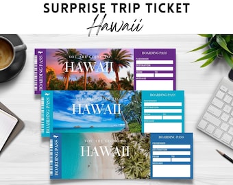 May include: Three colorful surprise trip tickets to Hawaii. Each ticket features a tropical beach scene and the text "YOU ARE GOING TO HAWAII". The tickets have a boarding pass section with fields for passenger details and destination.