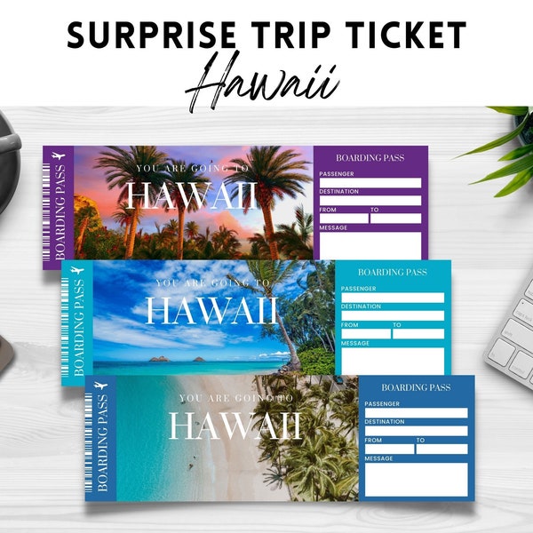 Printable, Editable HAWAII Surprise BOARDING Pass TICKET Template, Trip Ticket to Hawaii, Birthday Vacation Gift, Instant Download Pdf