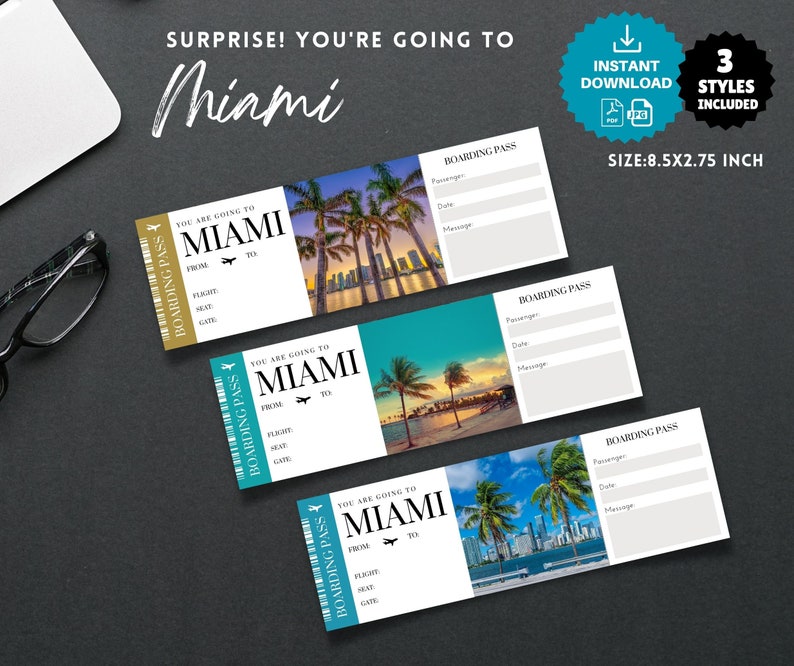 Printable, Editable MIAMI Surprise BOARDING Pass TICKET Template, Trip