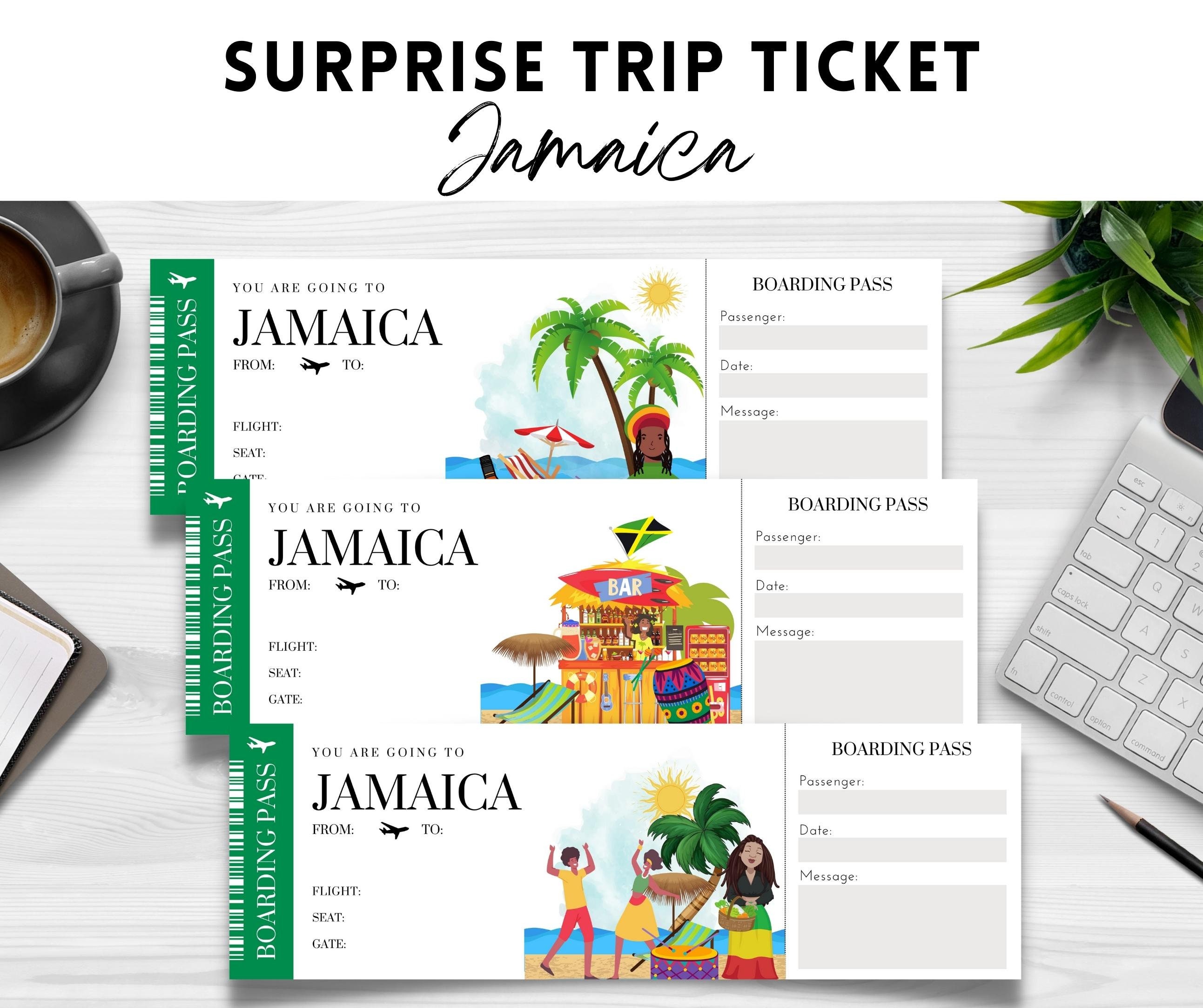 Printable, Editable JAMAICA Surprise BOARDING Pass TICKET, Trip Ticket