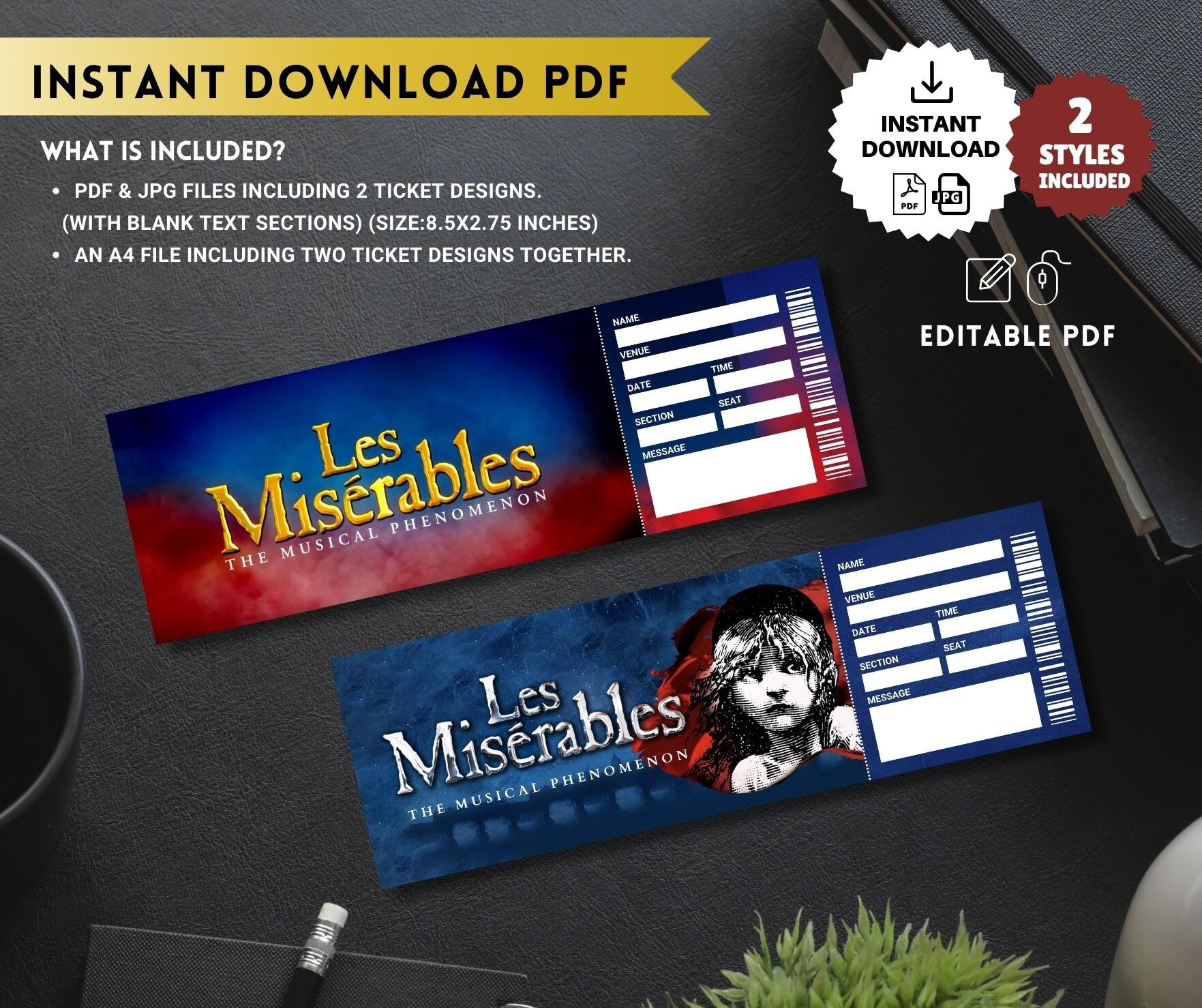 Printable LES MISERABLES Musical Broadway Surprise TICKET, Theatre Faux