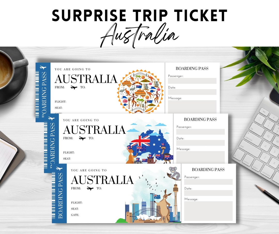 Printable, Editable AUSTRALIA Surprise BOARDING Pass TICKET, Trip